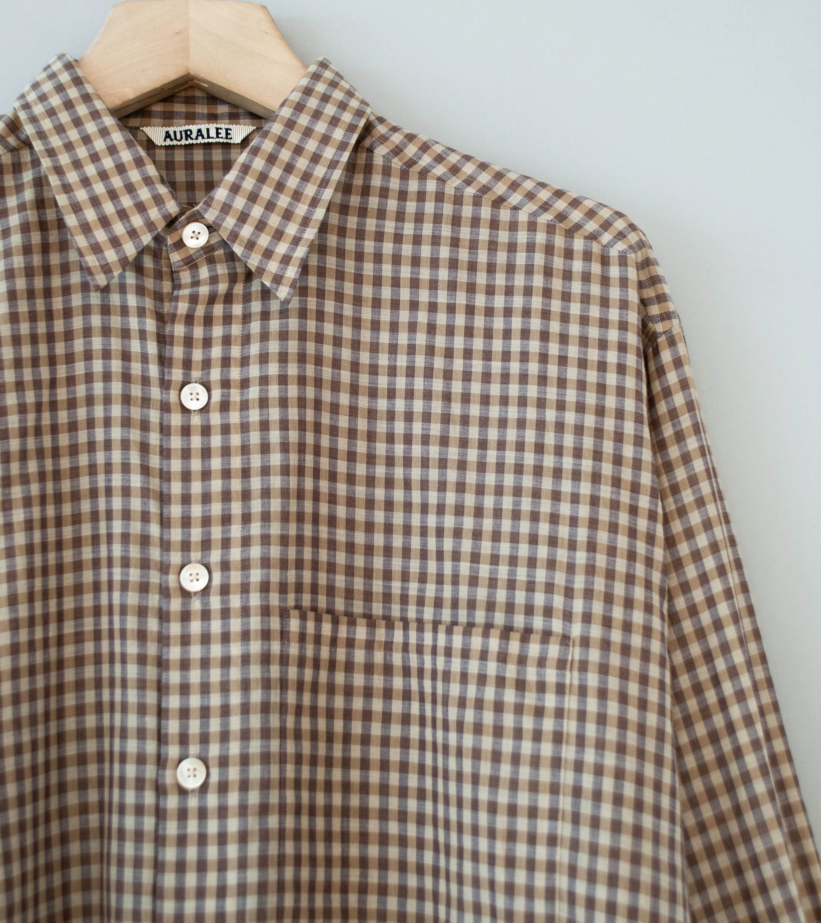 Auralee 'Airy Light Cotton Check Big Shirt' (Brown Gingham Check) - Image 2