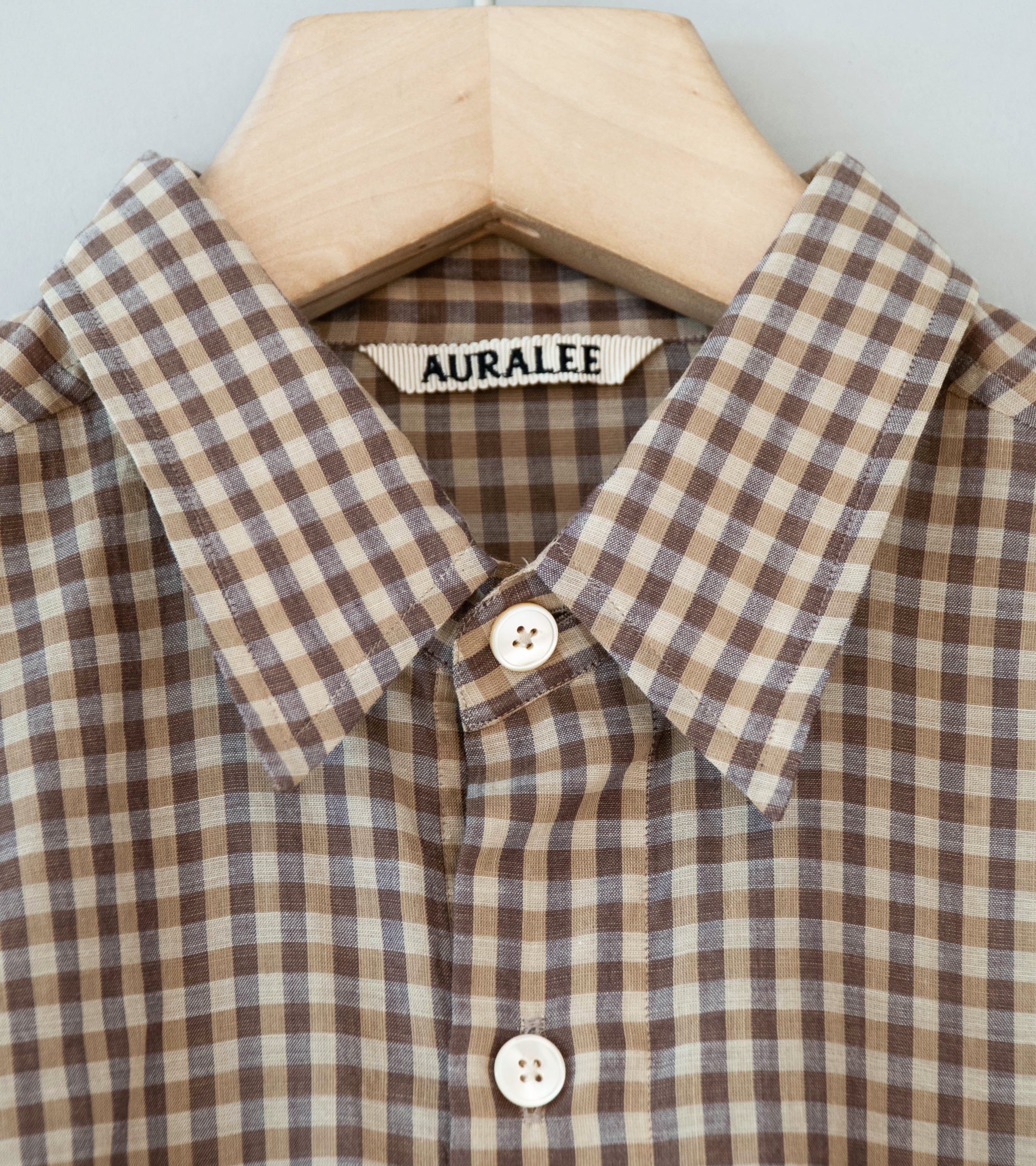 Auralee 'Airy Light Cotton Check Big Shirt' (Brown Gingham Check) - Image 6