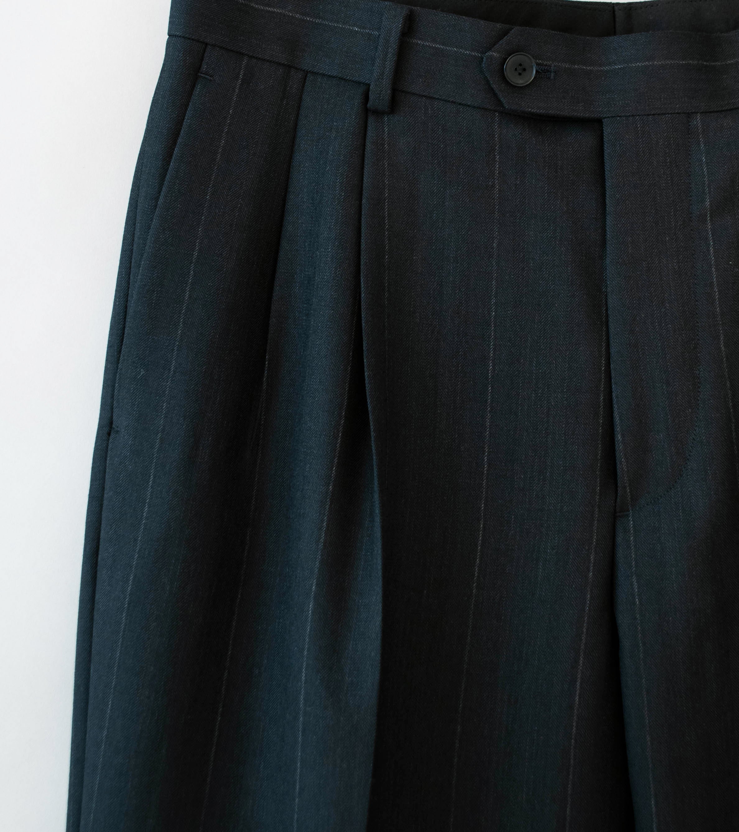 Auralee 'Bluefaced Wool Two Tuck Slacks' (Charcoal Navy Stripe) - Image 2
