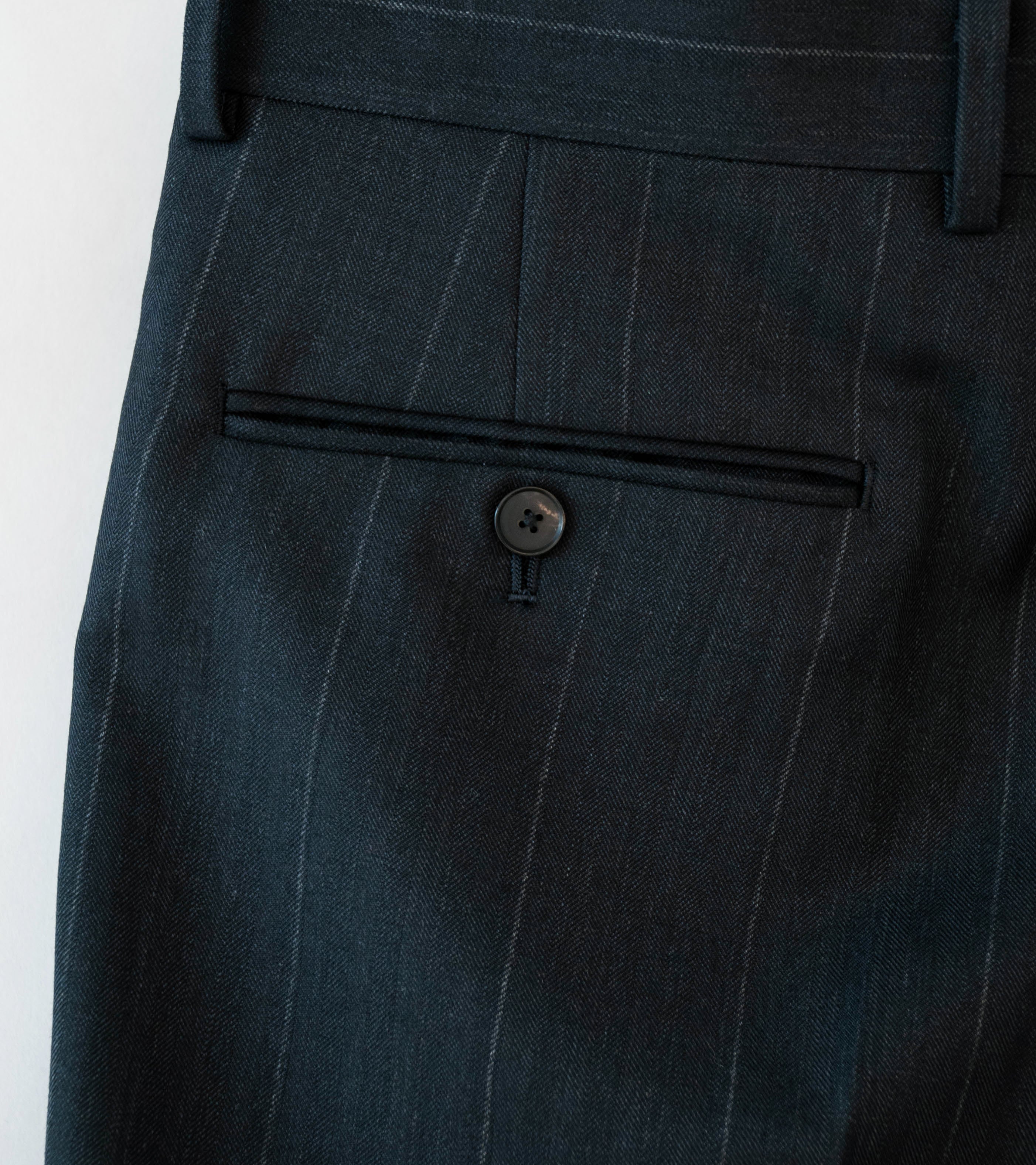 Auralee 'Bluefaced Wool Two Tuck Slacks' (Charcoal Navy Stripe) - Image 6