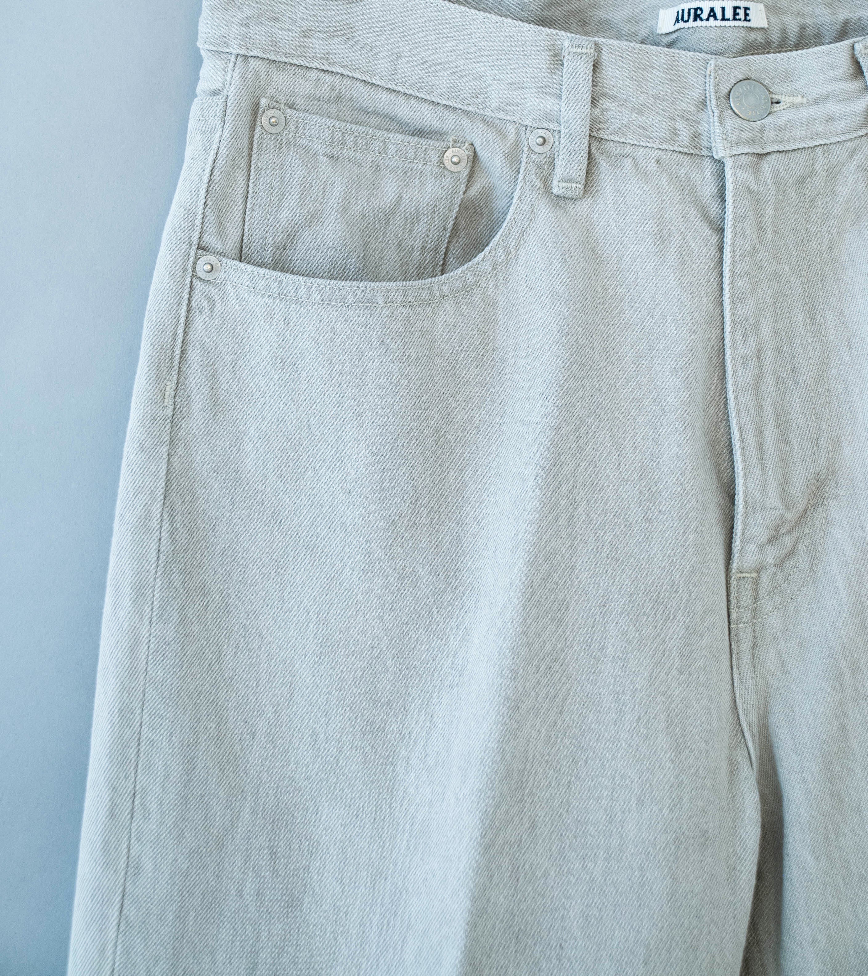 Auralee 'Faded Hard Twist Brown Denim 5P Pants' (Light Gray) - Image 2