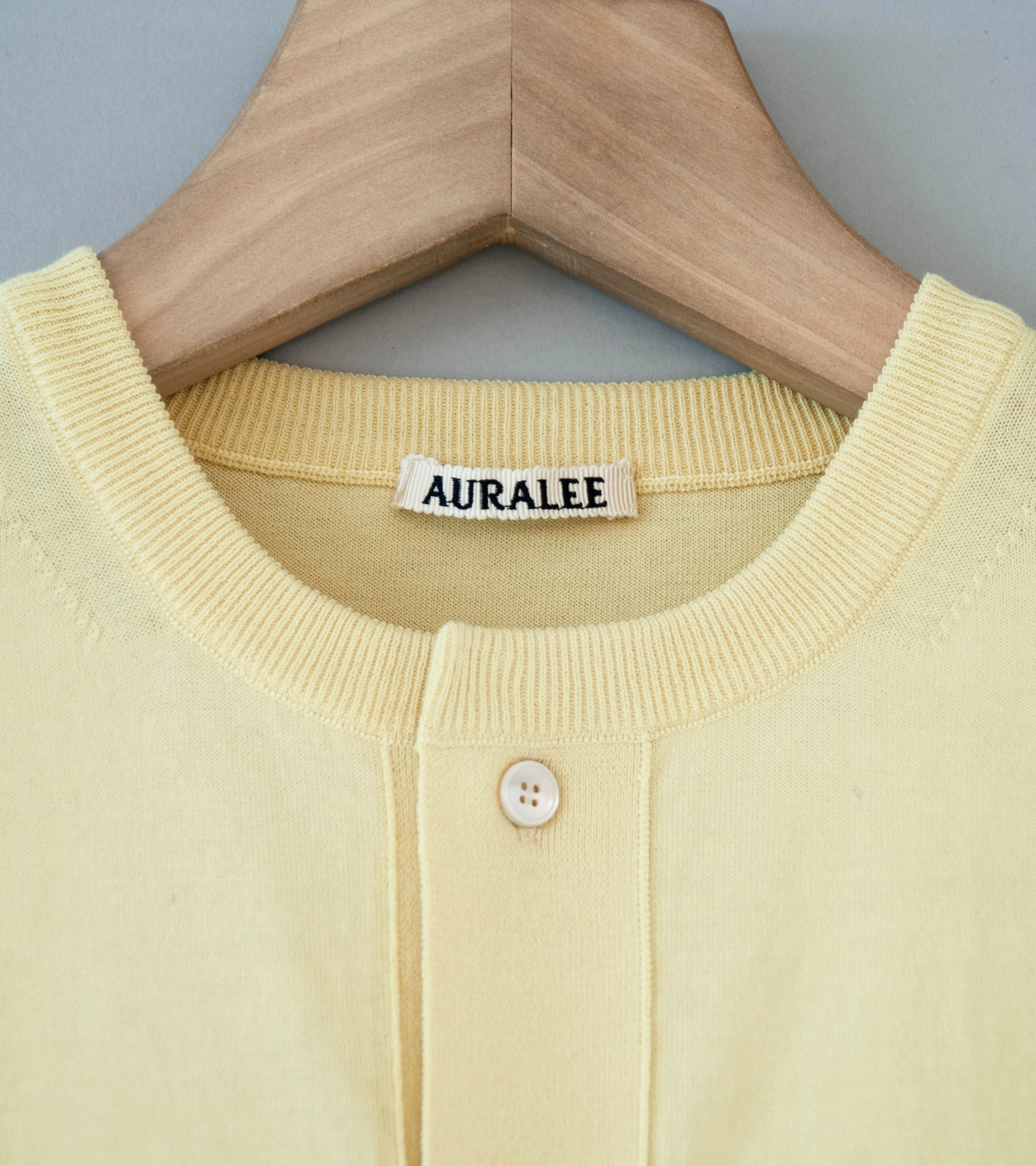 Auralee 'Giza High Gauge Knit Half Sleeved Cardigan' (Yellow Beige) - Image 5