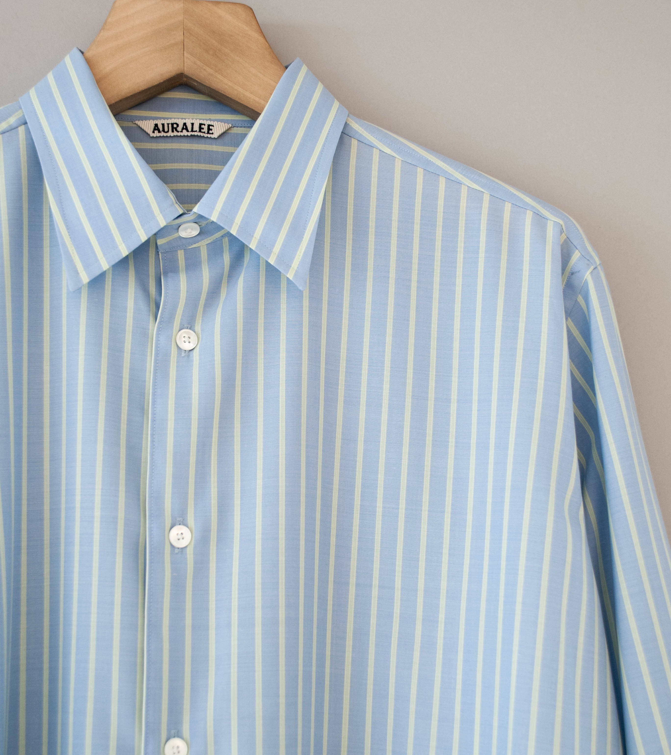 Auralee 'Super Fine Wool Stripe Shirt' (Sax Blue Lime Stripe) - Image 2