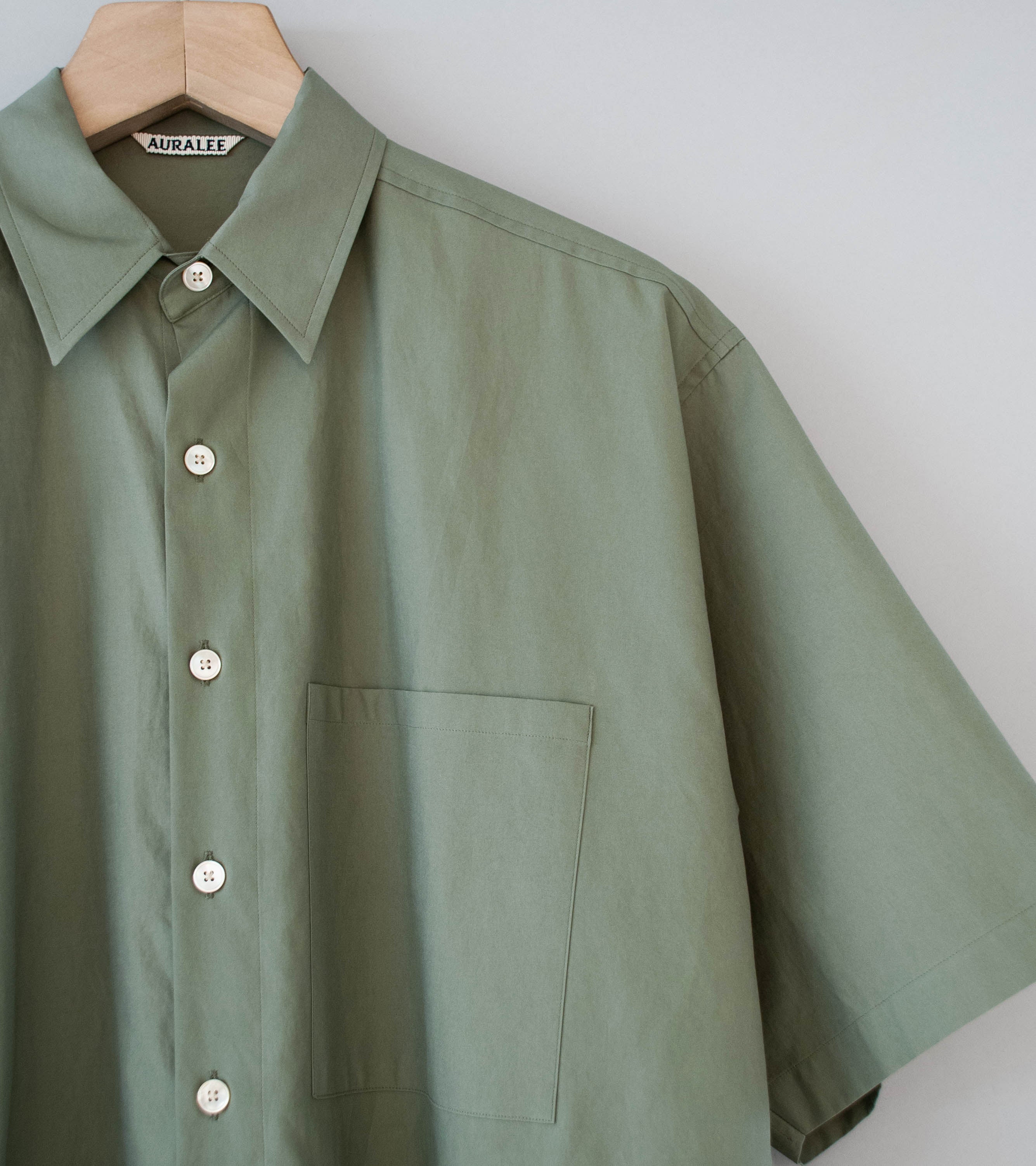Auralee 'Washed Finx Twill Big Half Sleeved Shirt' (Olive) - Image 2