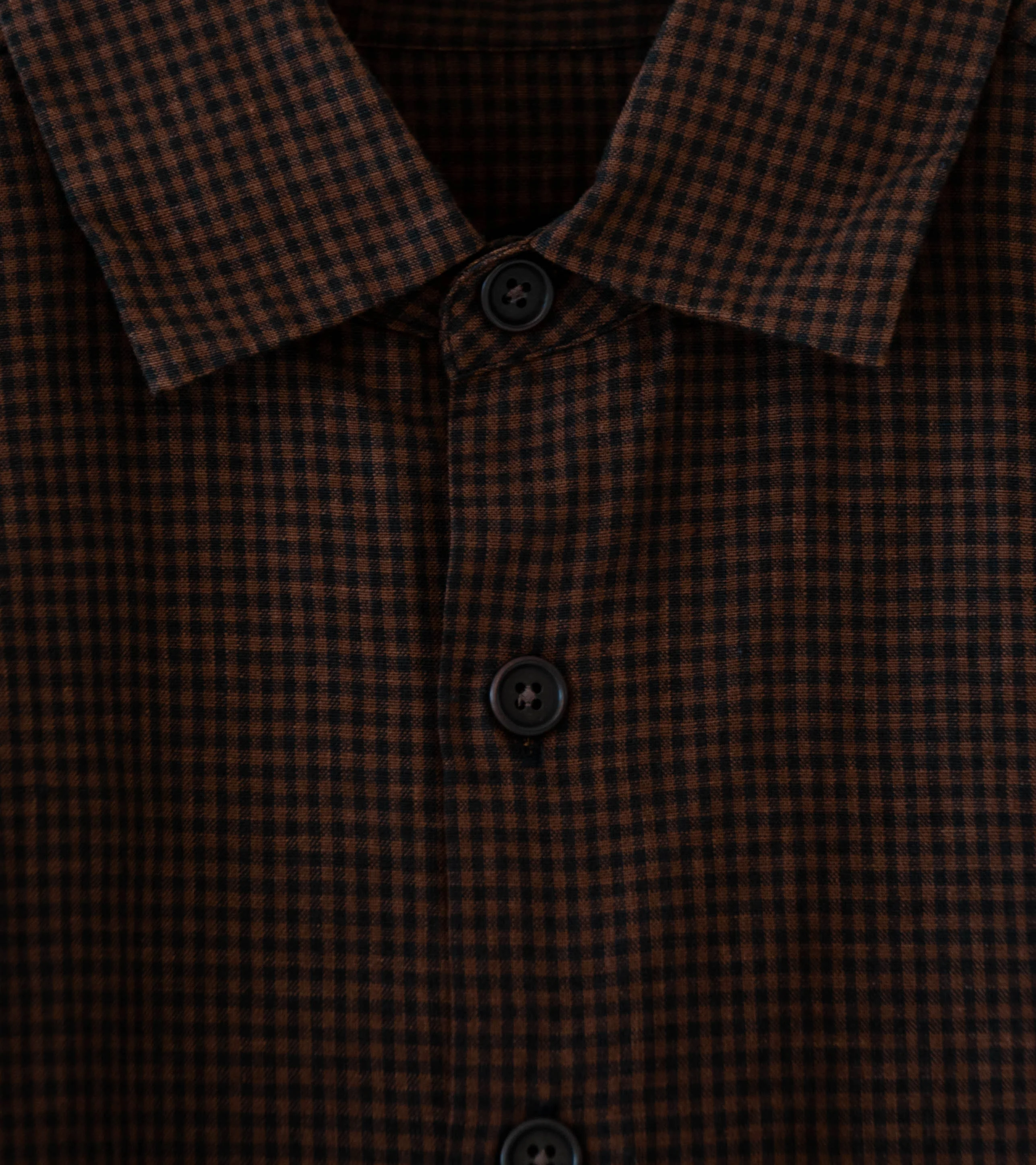 Evan Kinori 'Flat Hem Shirt' (Brown Black Logwood Overdyed Linen Check) - Image 4