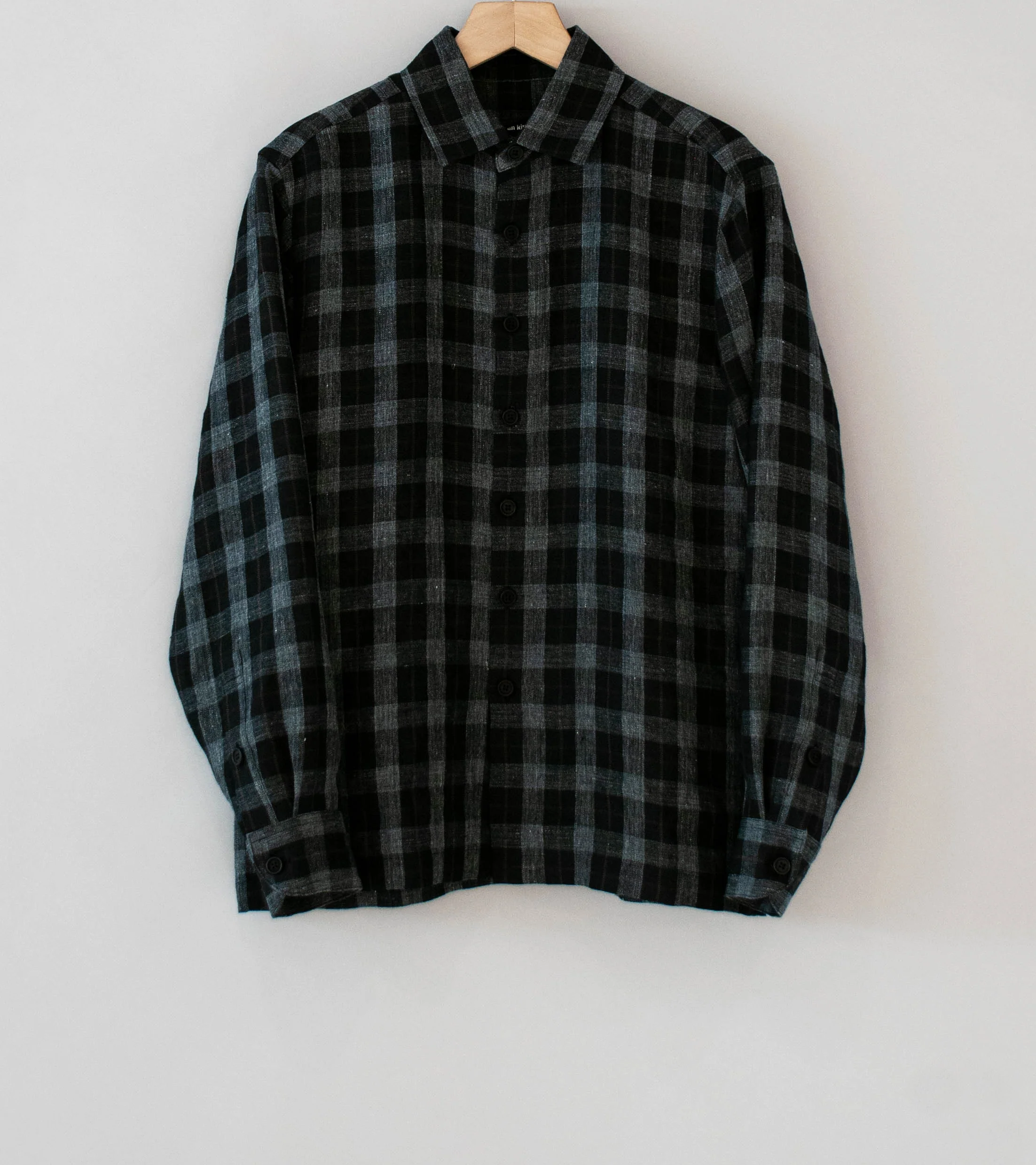 Evan Kinori 'Flat Hem Shirt' (Charcoal Brown Black Yarn Dye Linen Check)