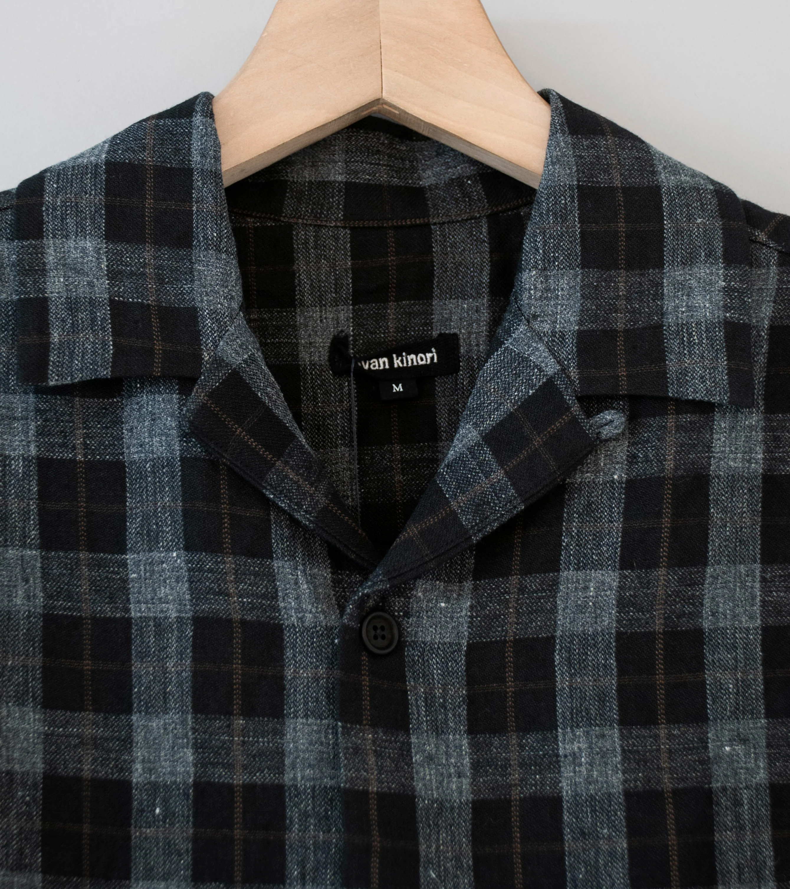 Evan Kinori 'Short Sleeve Shirt' (Charcoal Brown Black Yarn Dye Linen Check) - Image 5