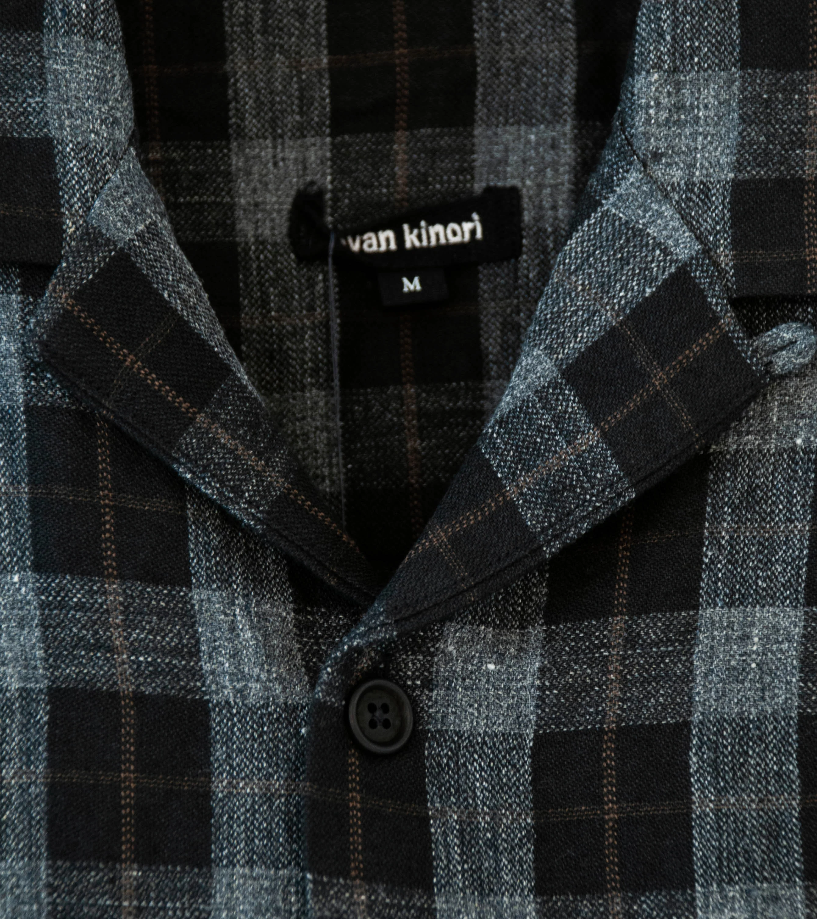 Evan Kinori 'Short Sleeve Shirt' (Charcoal Brown Black Yarn Dye Linen Check) - Image 6