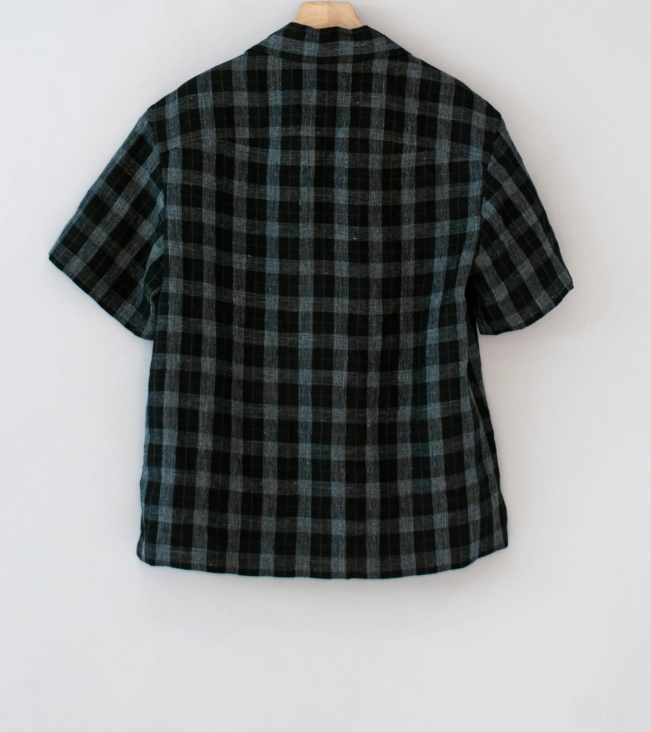 Evan Kinori 'Short Sleeve Shirt' (Charcoal Brown Black Yarn Dye Linen Check) - Image 7