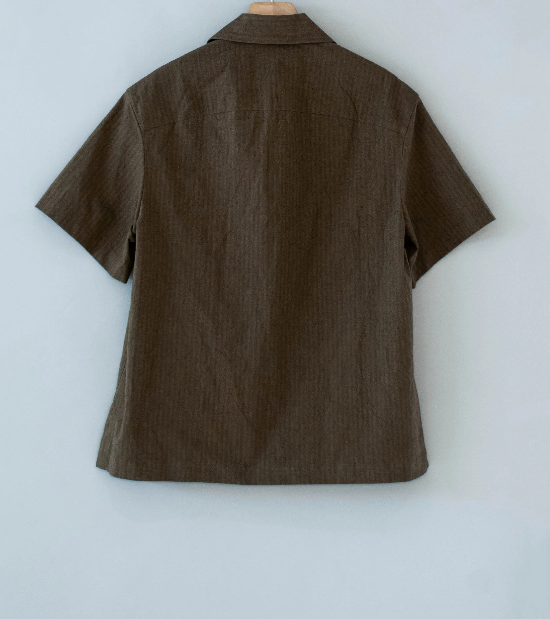Evan Kinori 'Short Sleeve Shirt' (Charcoal Dark Olive Hemp Cotton Stripe) - Image 7