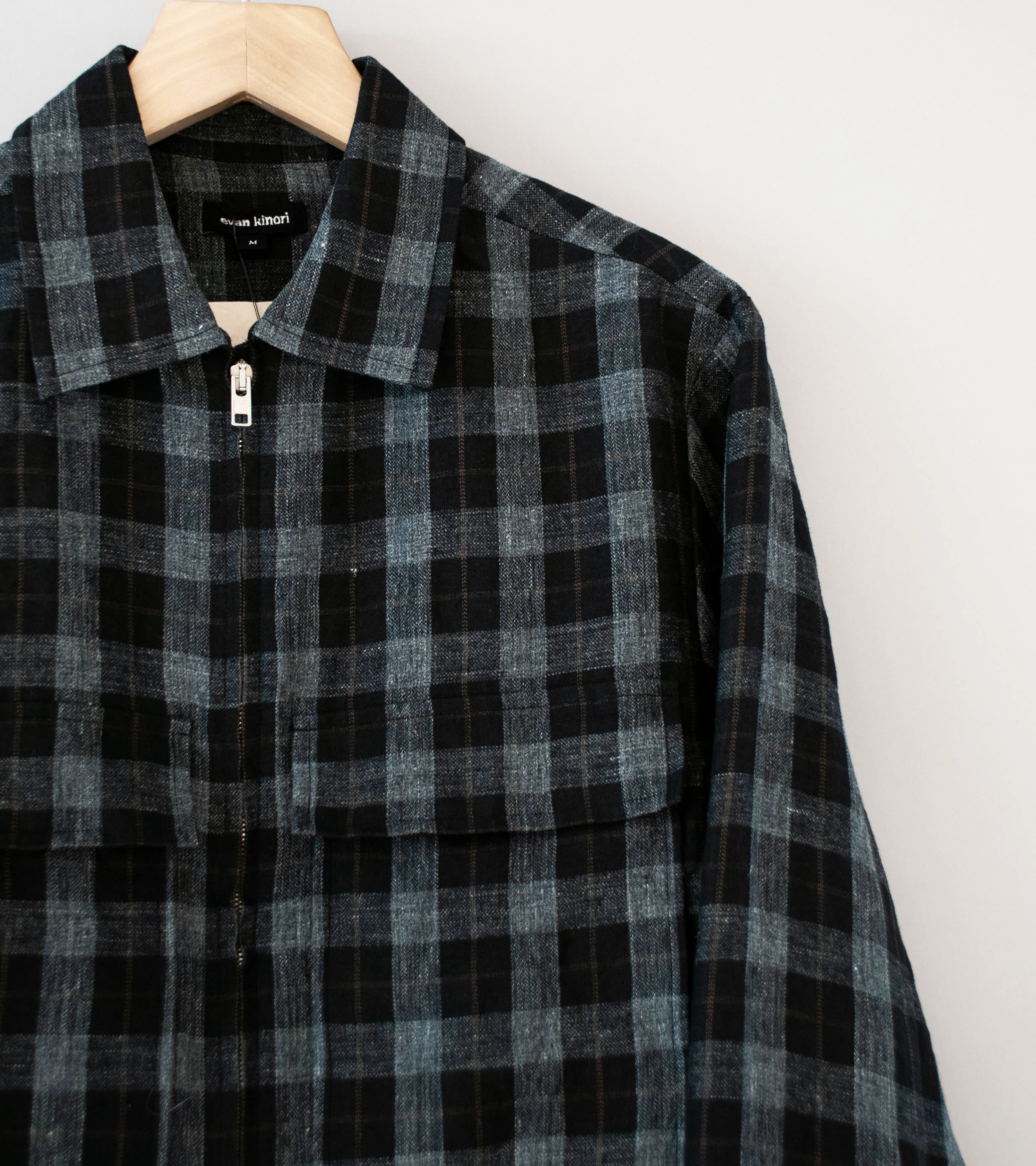 Evan Kinori 'Zip Jacket' (Charcoal Brown Black Yarn Dye Linen Check) - Image 2