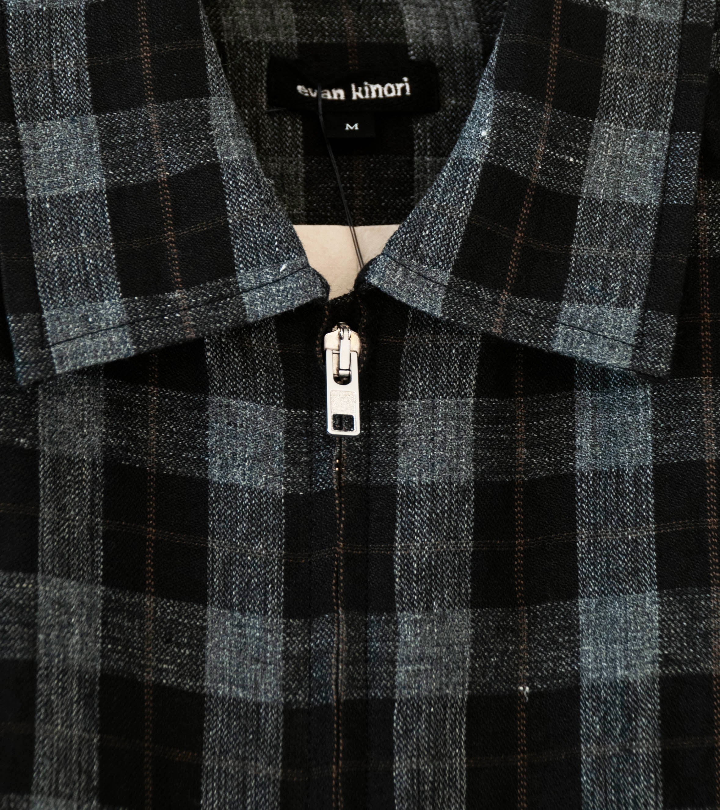 Evan Kinori 'Zip Jacket' (Charcoal Brown Black Yarn Dye Linen Check) - Image 6