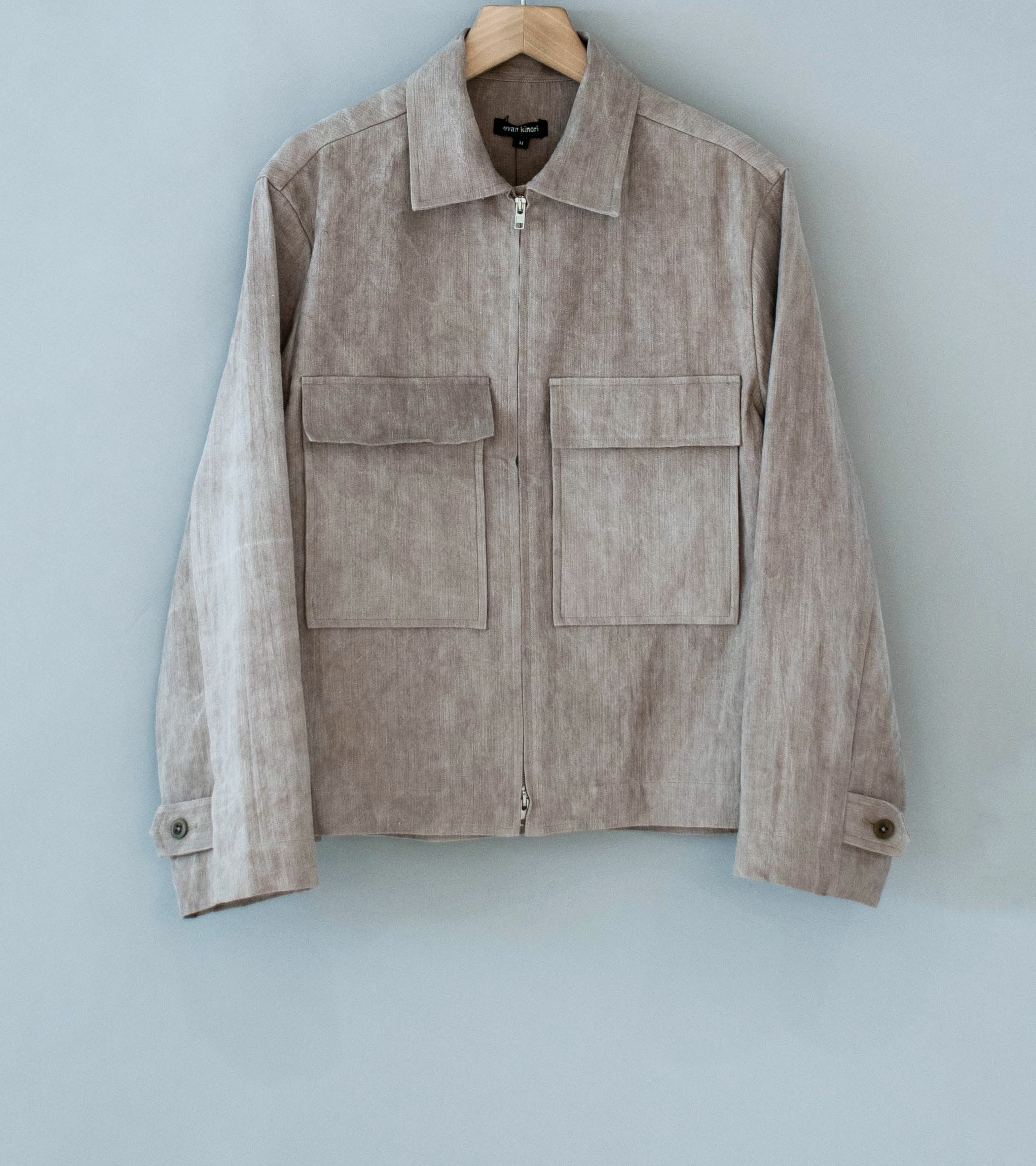 Evan Kinori 'Zip Jacket' (Dark Beige Cold Dye Linen Cotton Herringbone)