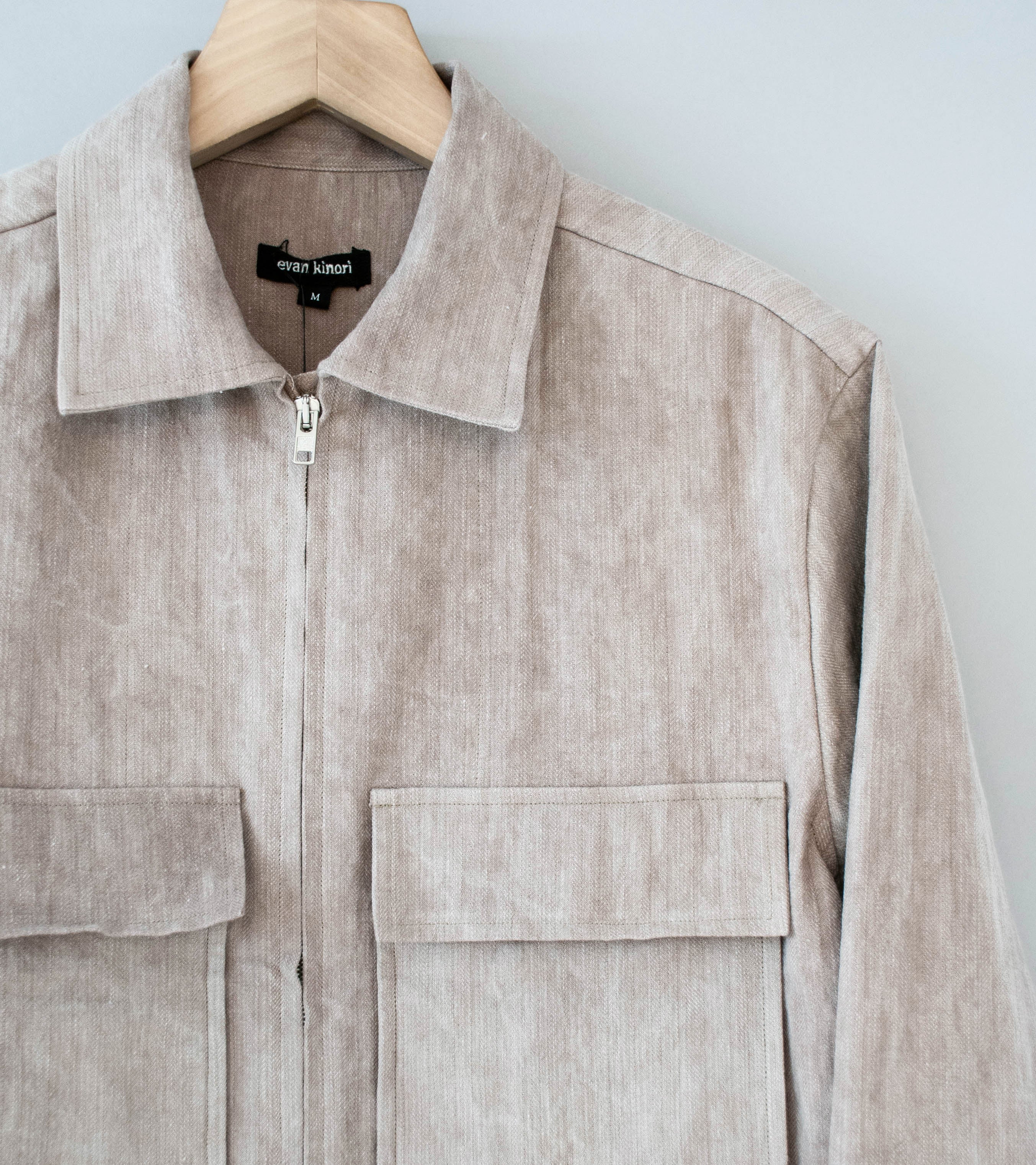 Evan Kinori 'Zip Jacket' (Dark Beige Cold Dye Linen Cotton Herringbone) - Image 2