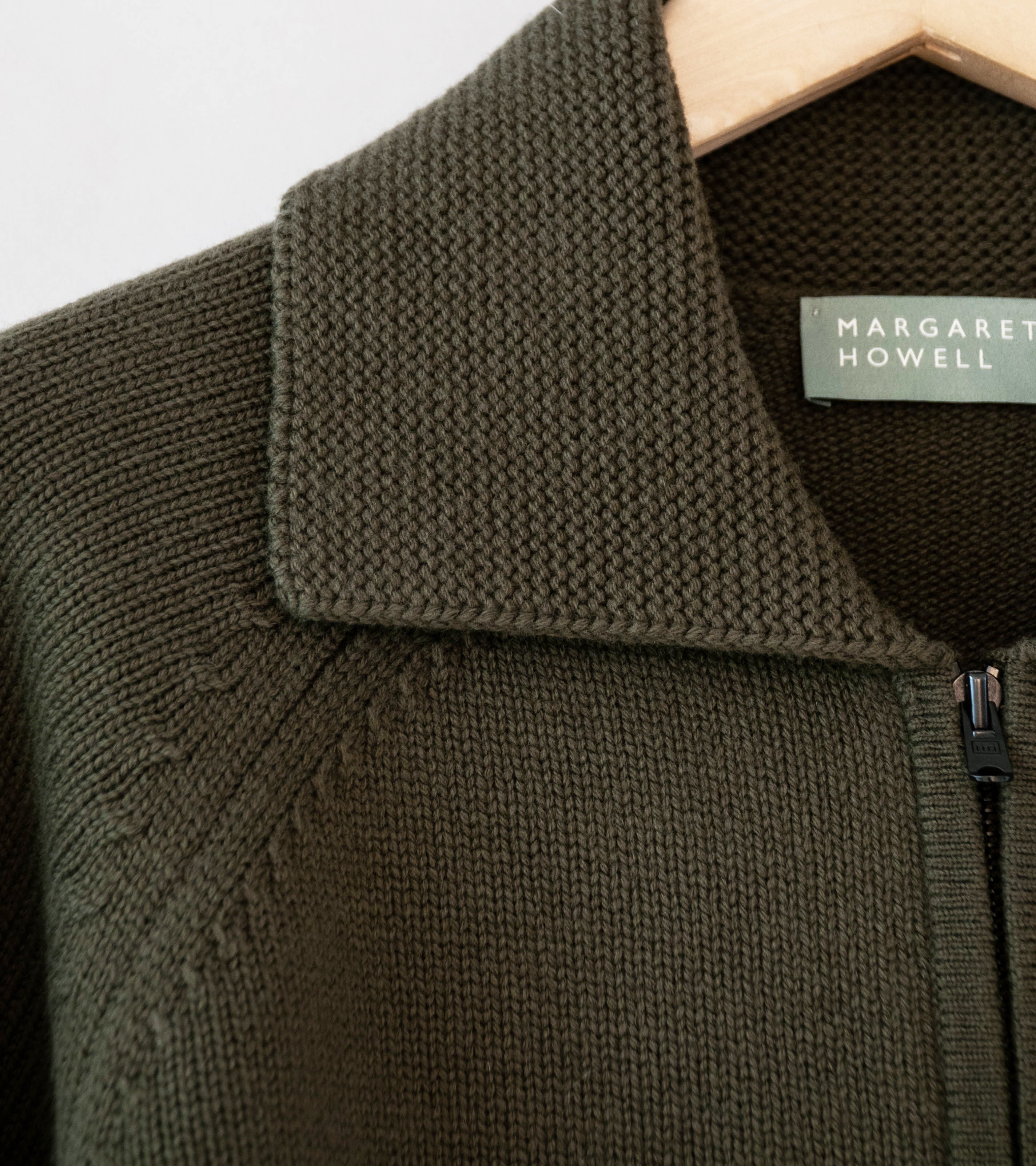 Margaret Howell 'Zip Collar Cardigan' (Khaki Irregular Spun Wool) - Image 7