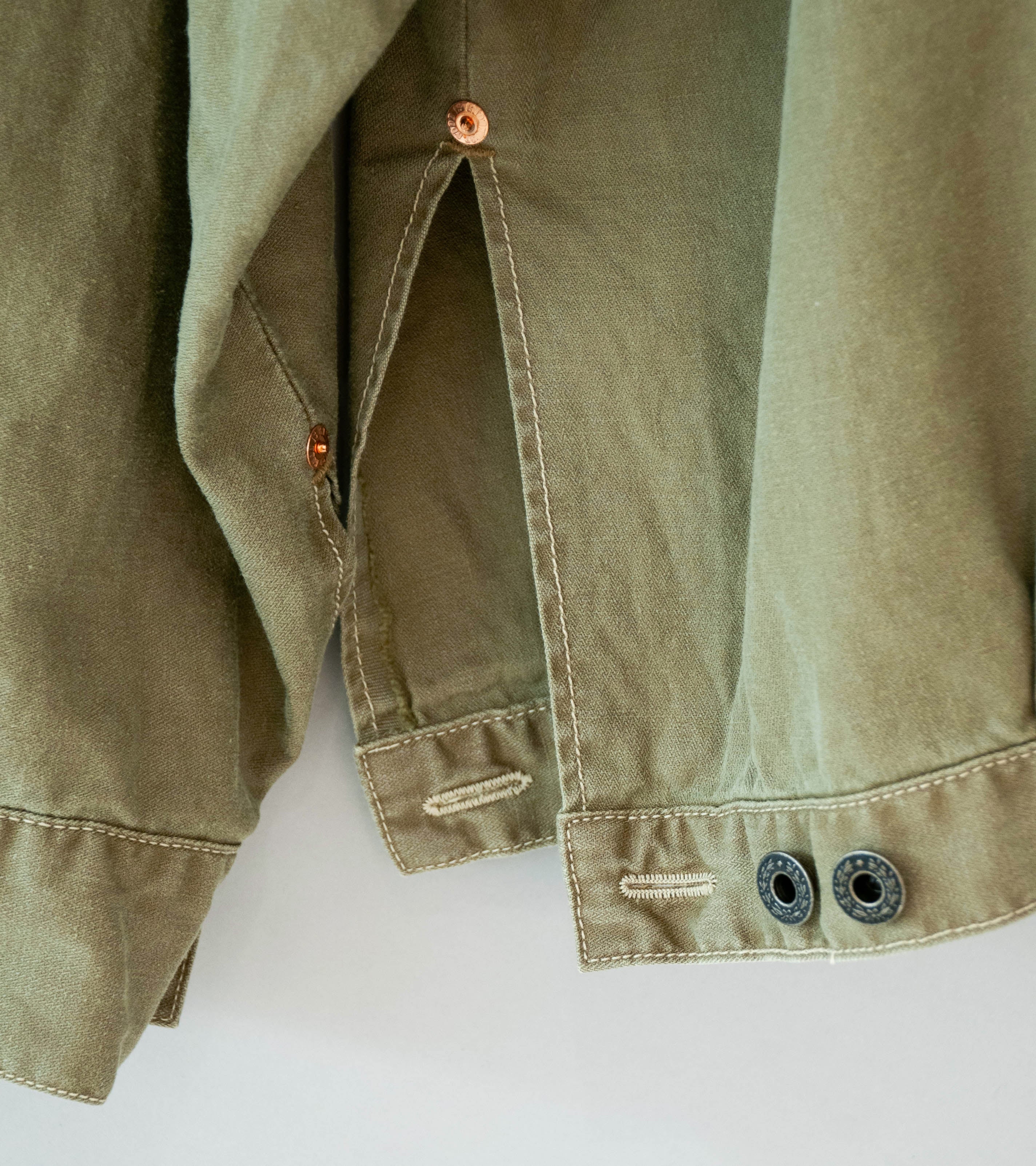 Niceness 'H.THORNHILL Vintage Treated Herringbone Trucker Jacket' (Khaki) - Image 12