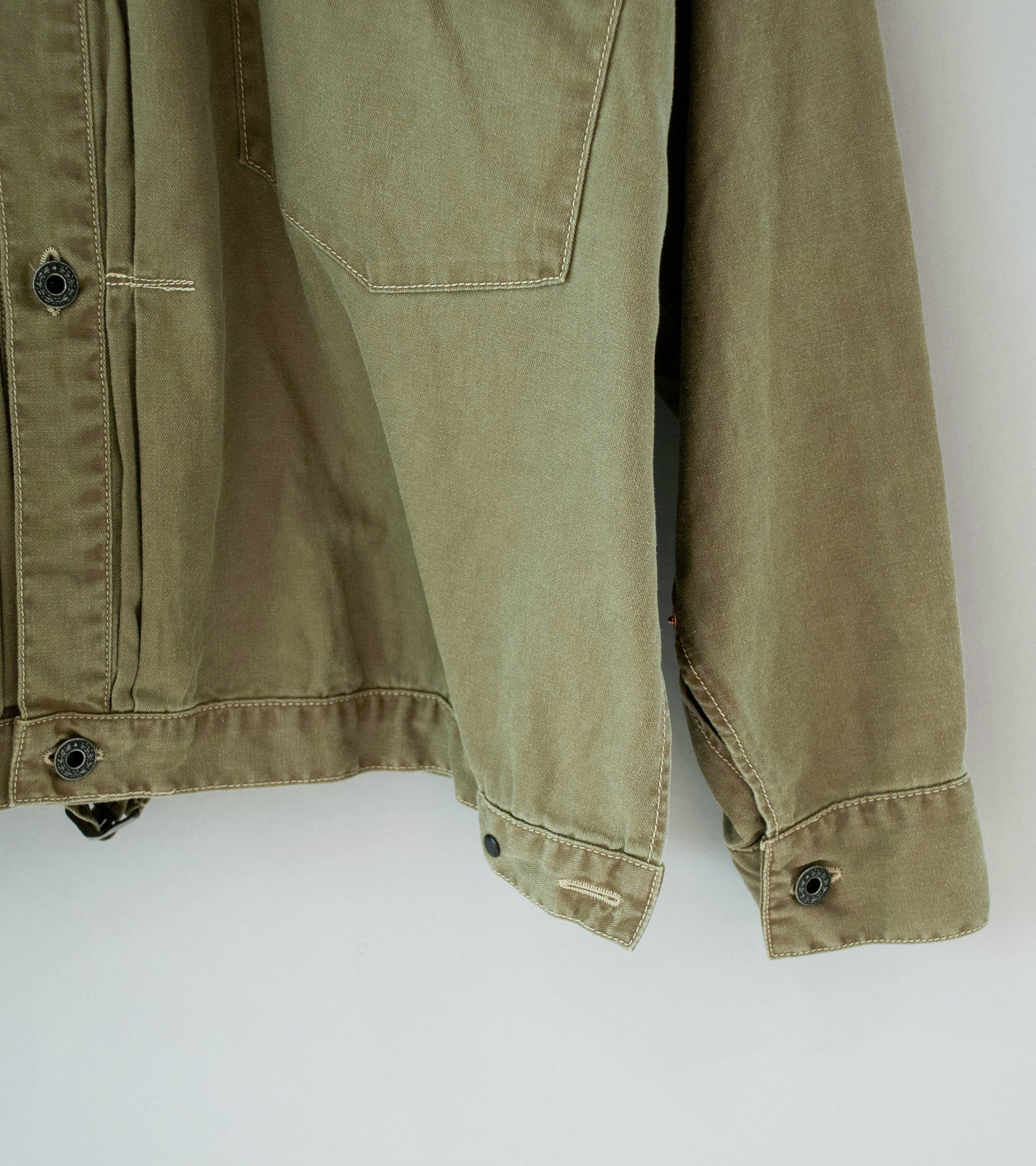 Niceness 'H.THORNHILL Vintage Treated Herringbone Trucker Jacket' (Khaki) - Image 6